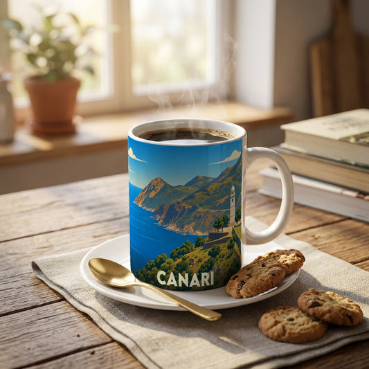 Mug souvenir de la ville de Canari orné d'une illustration stylisée de son paysage côtier.