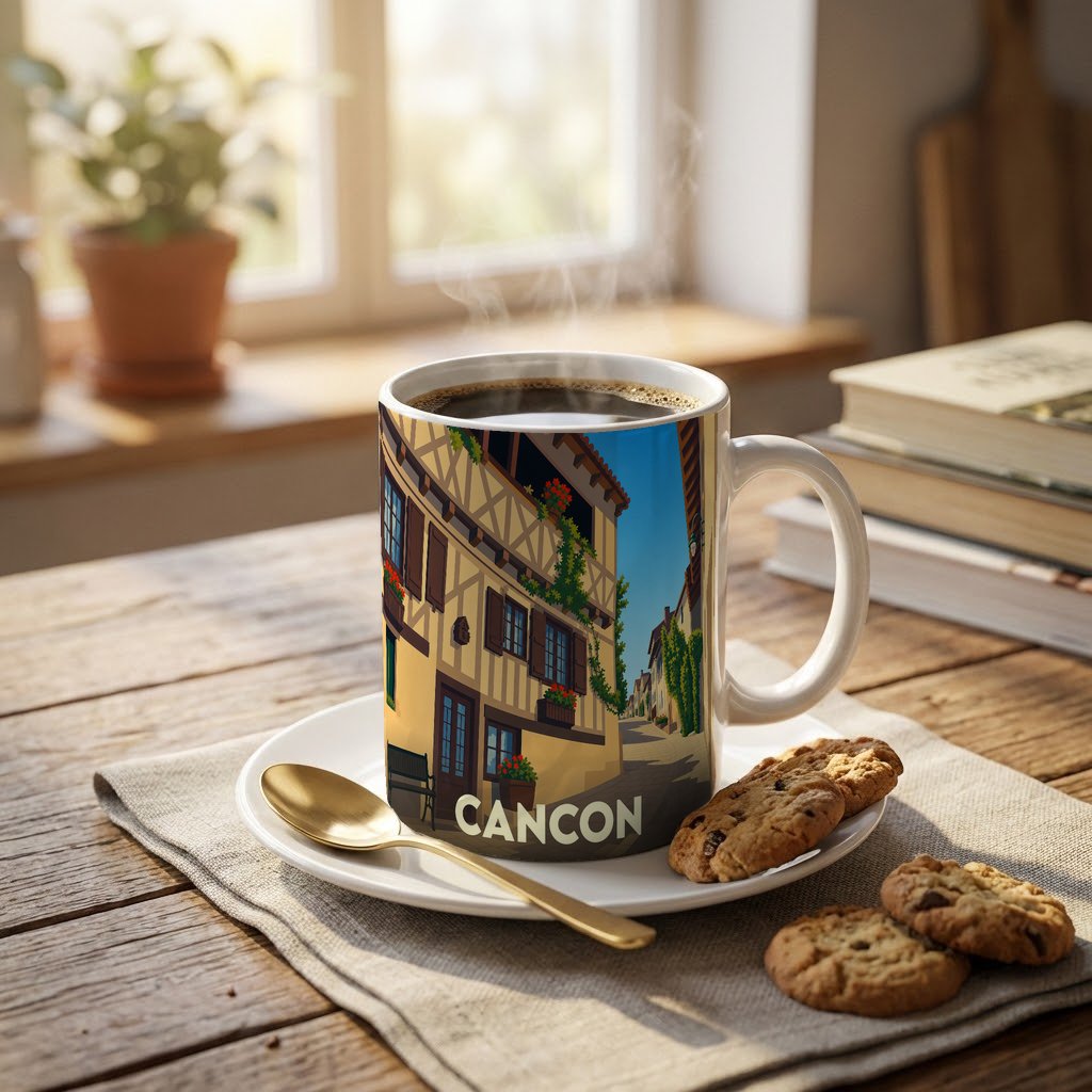 Mug souvenir de la ville de Cancon orné d'une illustration stylisée de maisons à colombages.