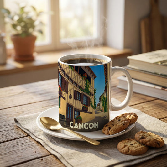 Mug souvenir de la ville de Cancon orné d'une illustration stylisée de maisons à colombages.