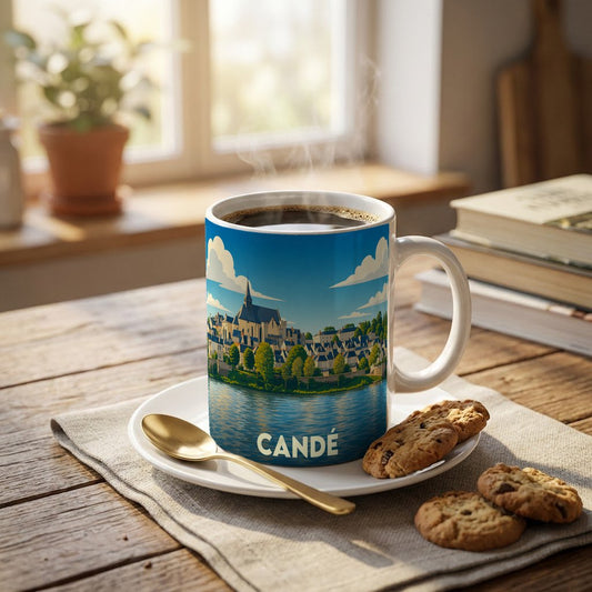Mug souvenir de la ville de Candé avec une illustration stylisée des bords de l'Erdre et de son église.