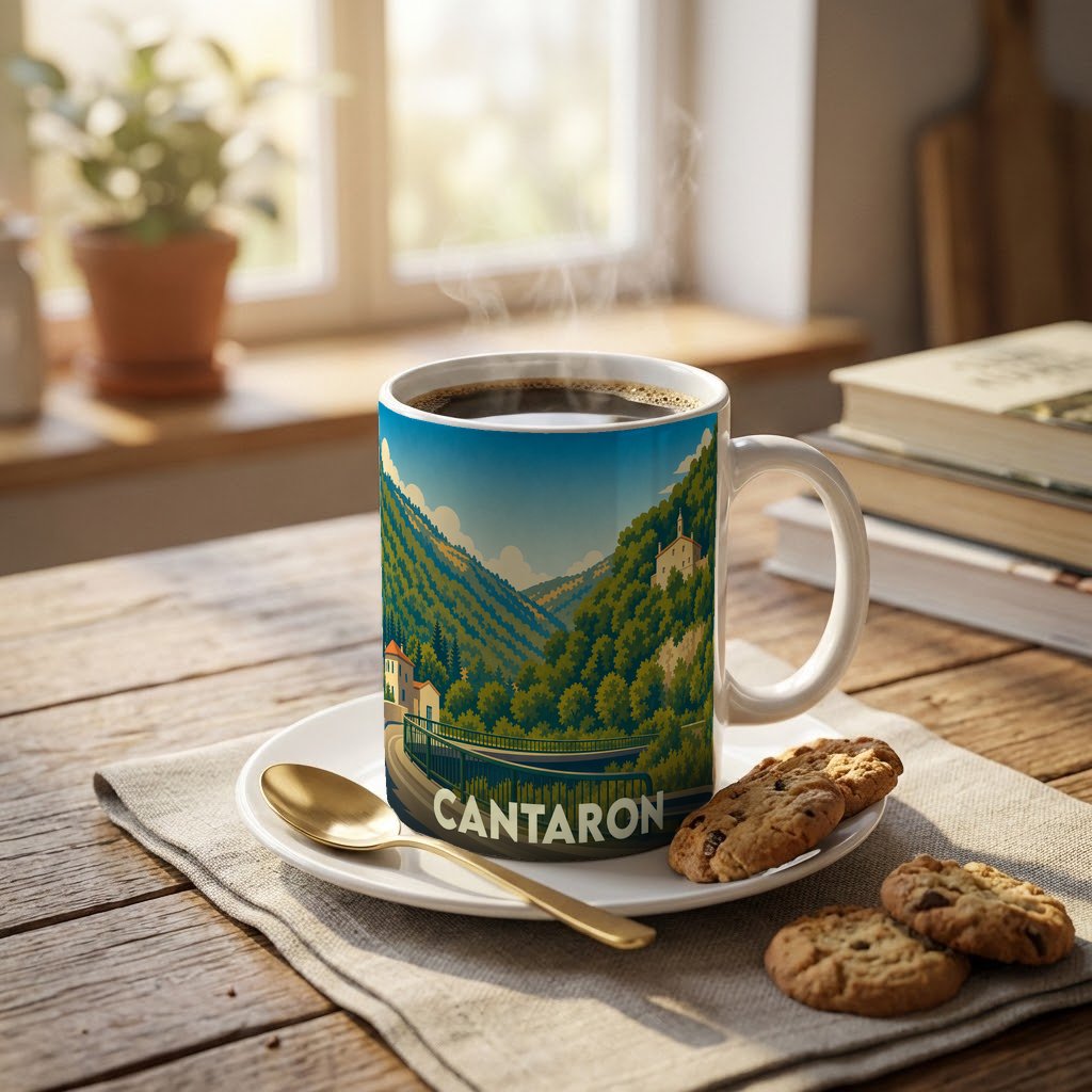 Mug souvenir de la ville de Cantaron avec une illustration stylisée de ses paysages montagneux.