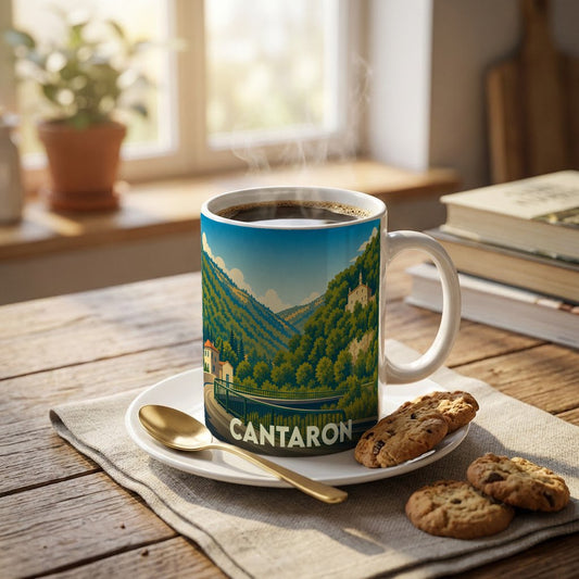 Mug souvenir de la ville de Cantaron avec une illustration stylisée de ses paysages montagneux.