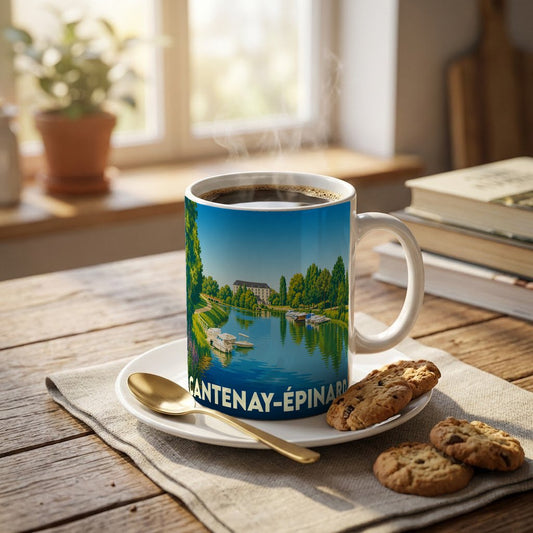 Mug souvenir de la ville de Cantenay-Épinard illustrant un paysage de rivière avec des bateaux.