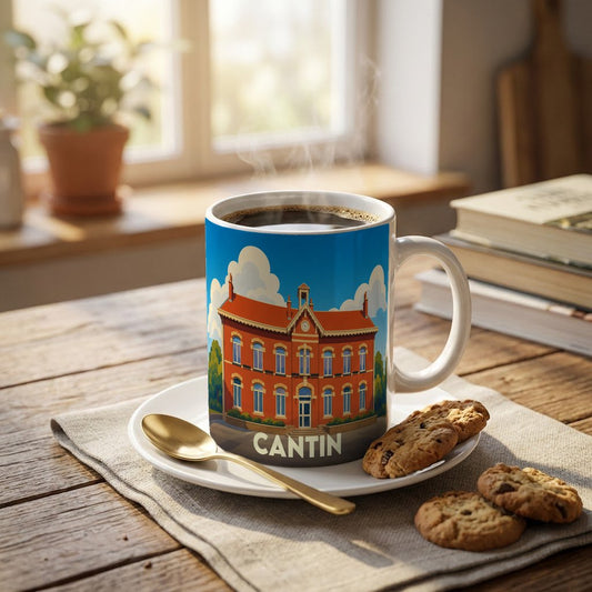 Mug souvenir de la ville de Cantin orné d'une illustration stylisée de son hôtel de ville.