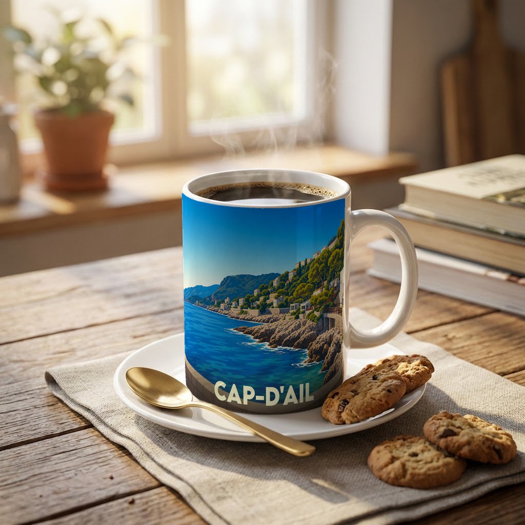 Mug souvenir de la ville de Cap-d'Ail orné d'une illustration stylisée du littoral méditerranéen.
