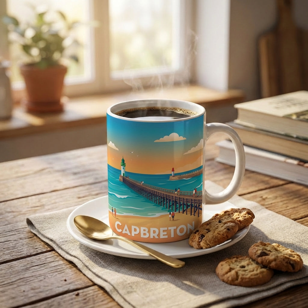 Mug souvenir de la ville de Capbreton avec une illustration stylisée.