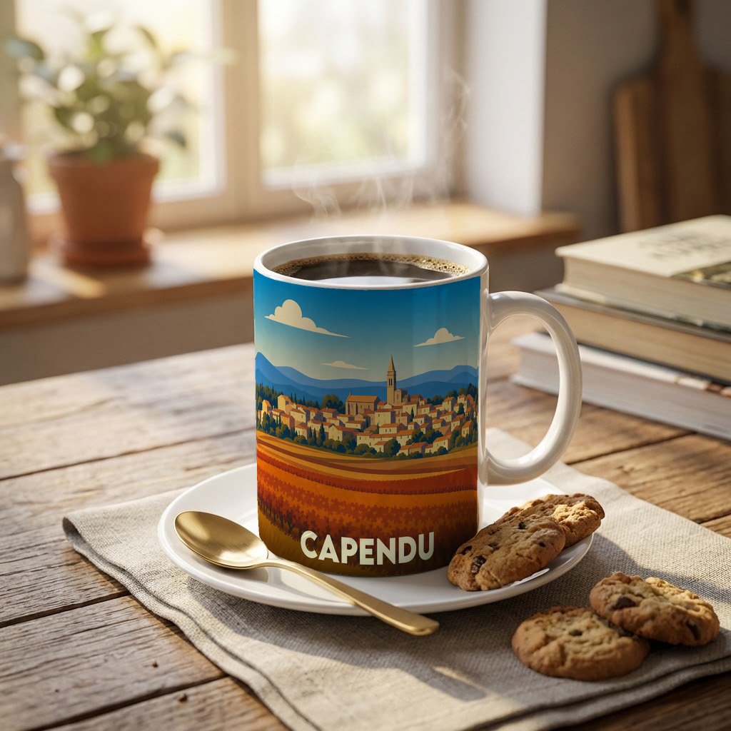 Mug souvenir de la ville de Capendu orné d'une illustration stylisée de son paysage et de ses vignobles.
