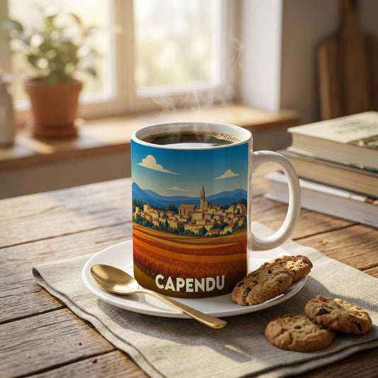 Mug souvenir de la ville de Capendu orné d'une illustration stylisée de son paysage et de ses vignobles.