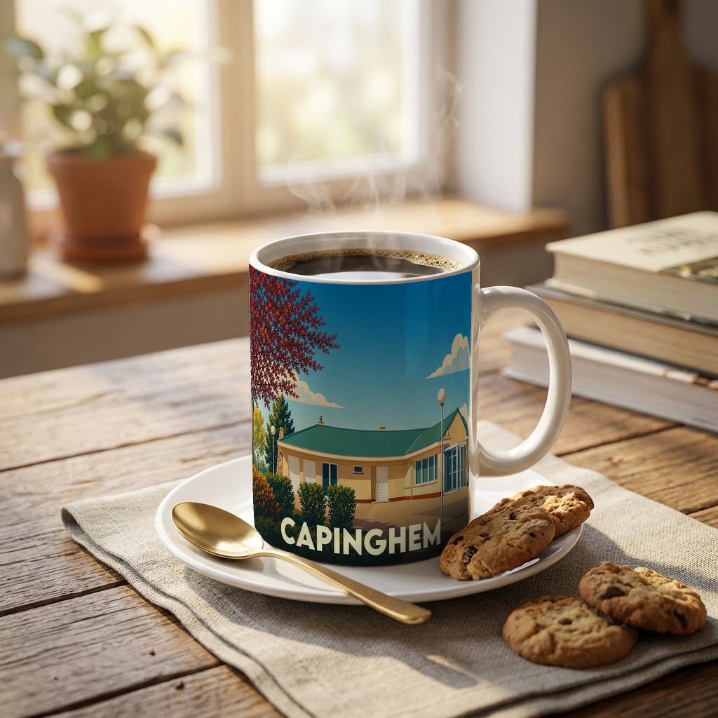 Mug souvenir de la ville de Capinghem avec une illustration stylisée d'un bâtiment sous un ciel bleu.