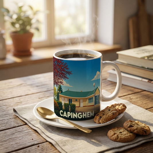 Mug souvenir de la ville de Capinghem avec une illustration stylisée d'un bâtiment sous un ciel bleu.