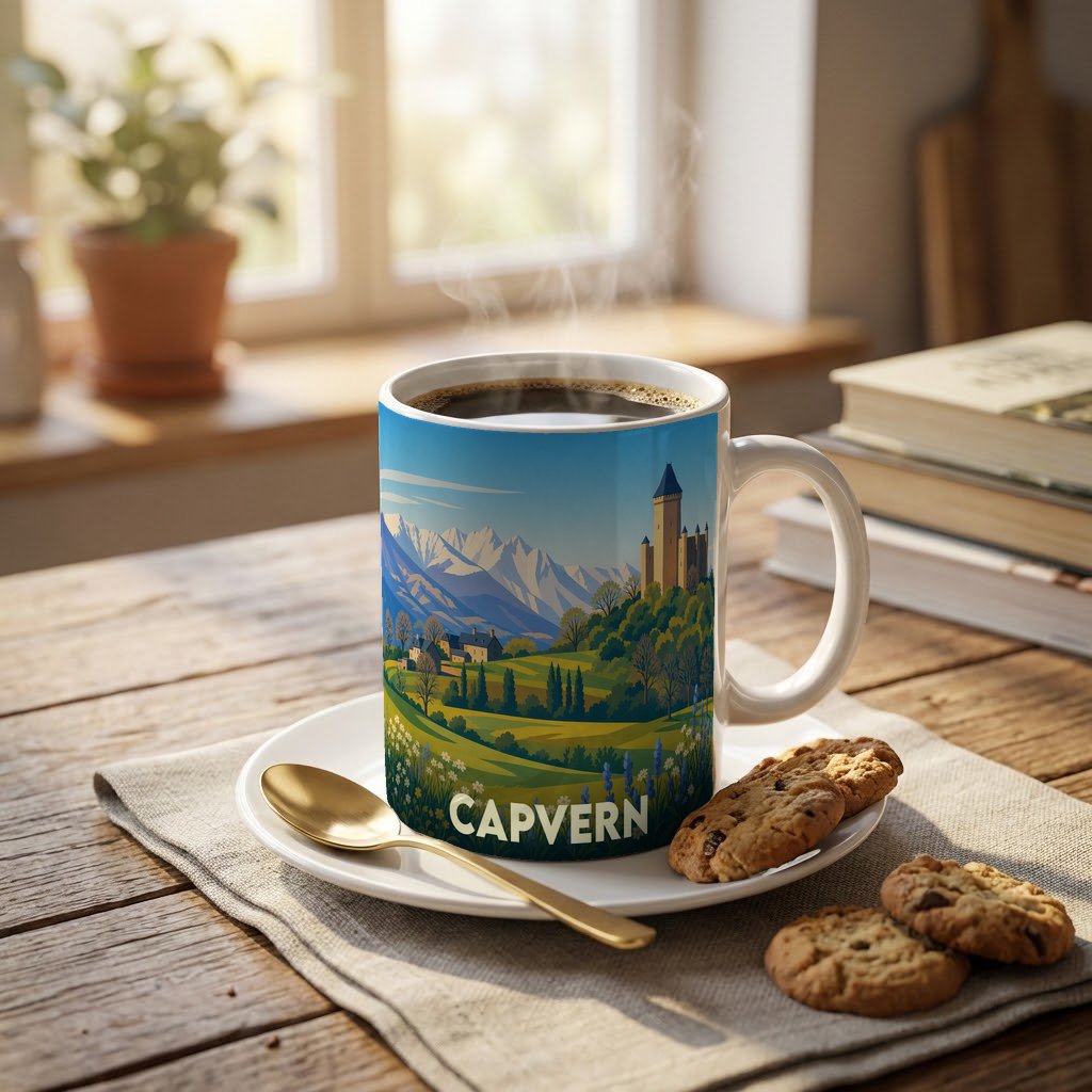 Mug souvenir de la ville de Capvern avec une illustration stylisée d'un paysage de montagne.