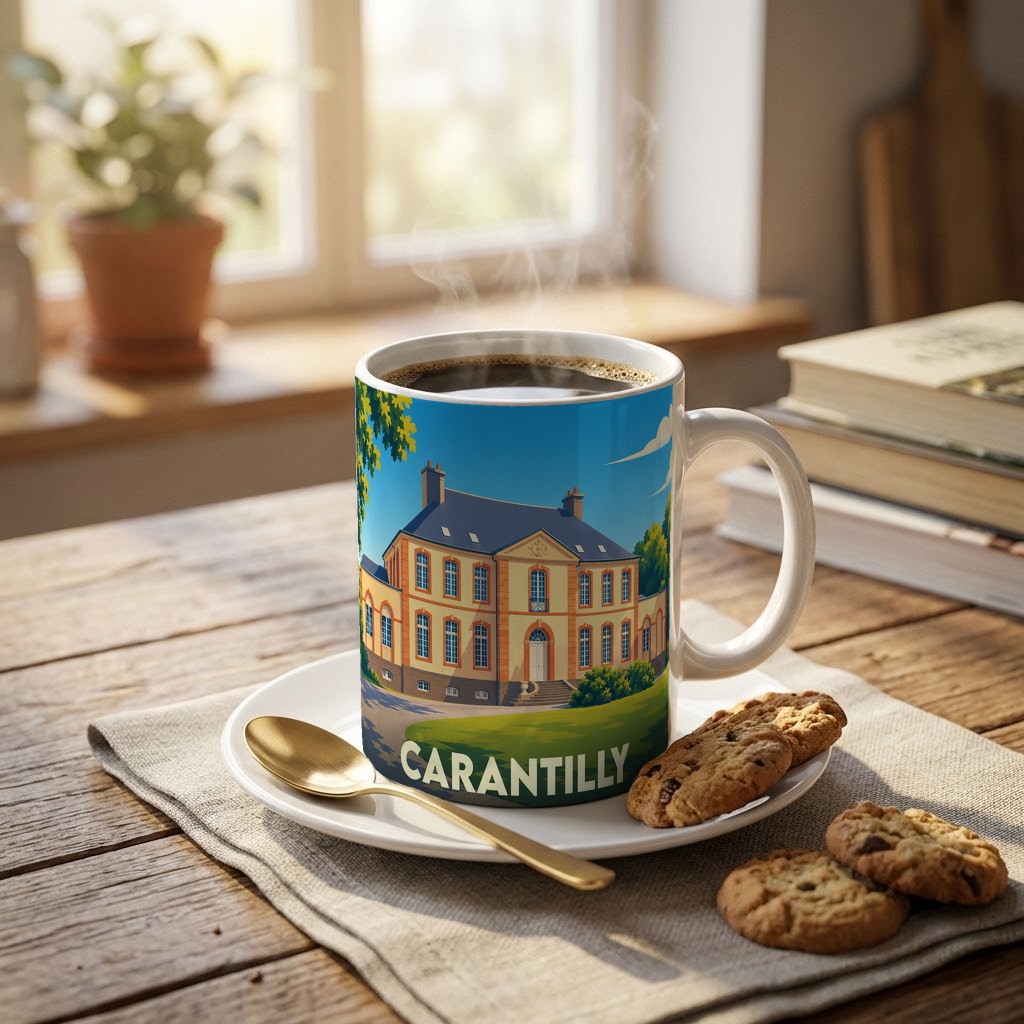 Mug souvenir de la ville de Carantilly illustré d’un manoir stylisé sous un ciel bleu.