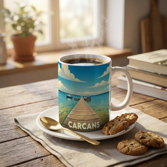 Mug souvenir de la ville de Carcans avec une illustration stylisée d'un ponton sur le lac.