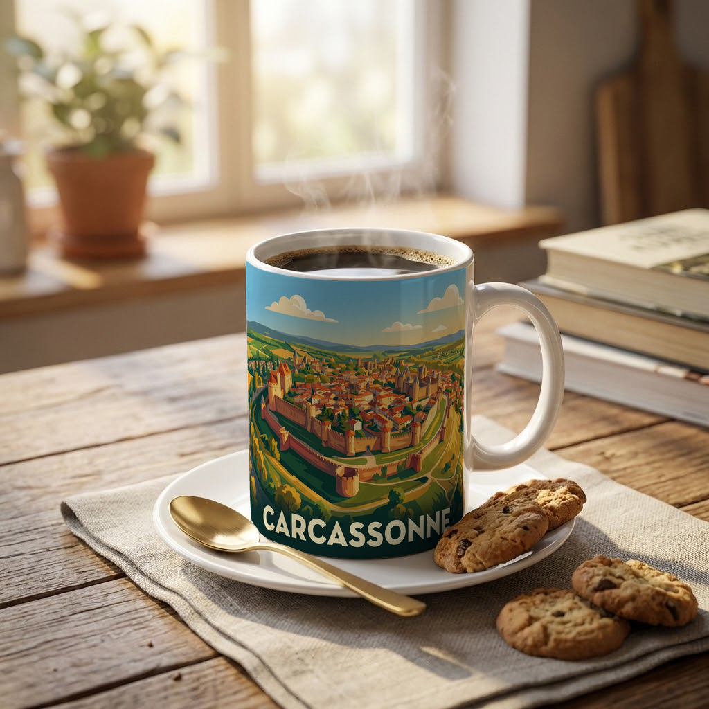 Mug souvenir de la ville de Carcassonne avec une illustration stylisée de sa cité médiévale.