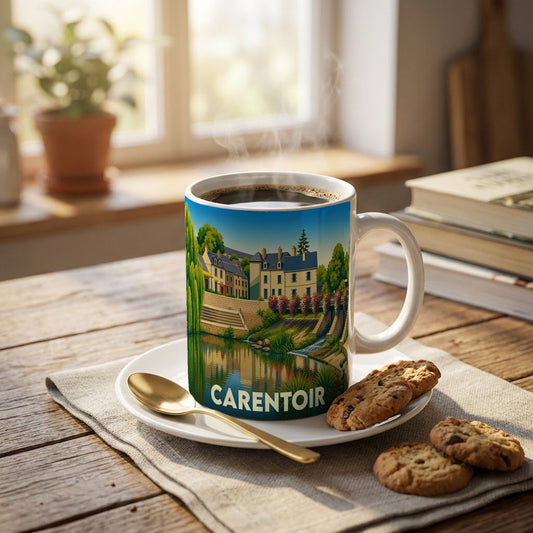 Mug souvenir de la ville de Carentoir orné d'une illustration paysagère stylisée.