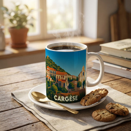 Mug souvenir de la ville de Cargèse avec une illustration stylisée et colorée.