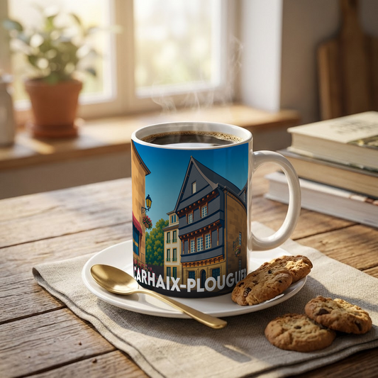Mug souvenir de la ville de Carhaix-Plouguer avec une illustration stylisée de maisons à colombages.