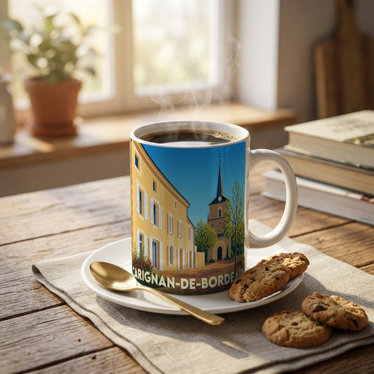 Mug souvenir de la ville de Carignan-de-Bordeaux avec une illustration stylisée d'une église et de maisons colorées.