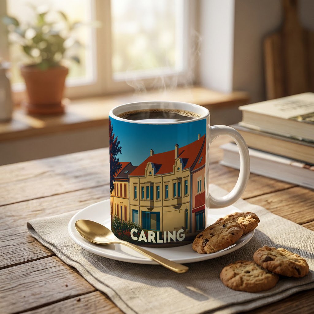 Mug souvenir de la ville de Carling avec une illustration stylisée de bâtiments colorés.