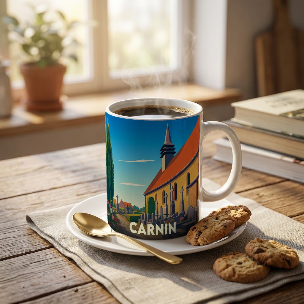 Mug souvenir de la ville de Carnin orné d'une illustration stylisée de son église.