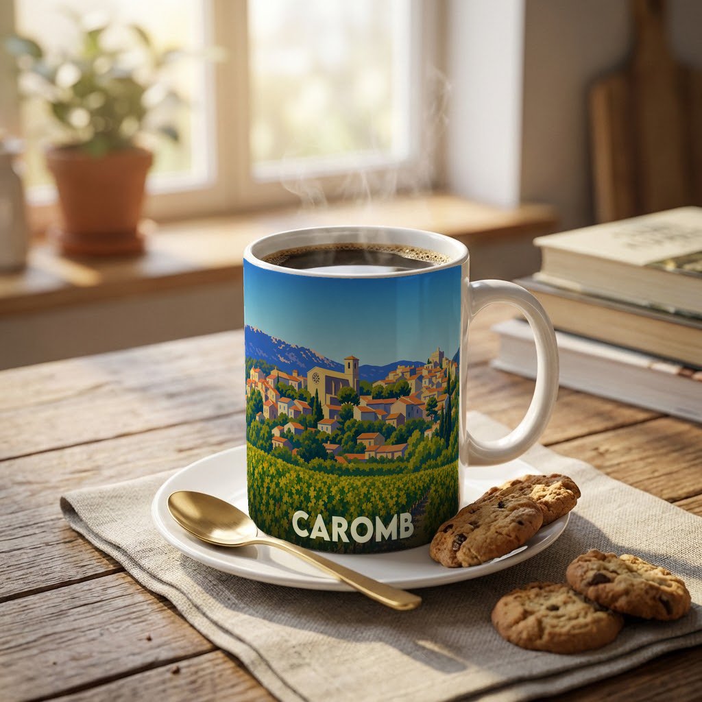 Mug souvenir de la ville de Caromb illustré d'un paysage provençal stylisé.