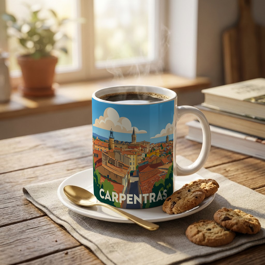 Mug souvenir de la ville de Carpentras avec une illustration stylisée.