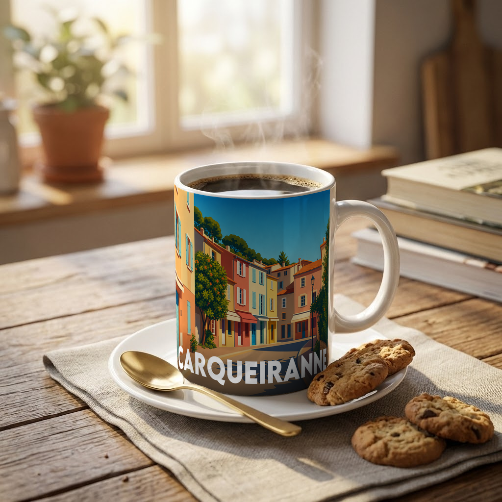 Mug souvenir de la ville de Carqueiranne orné d'une illustration colorée et stylisée.