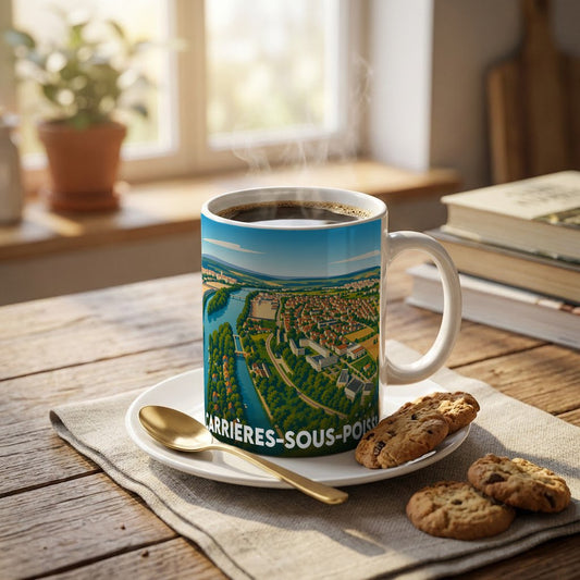 Mug souvenir de la ville de Carrières-sous-Poissy avec une illustration stylisée.