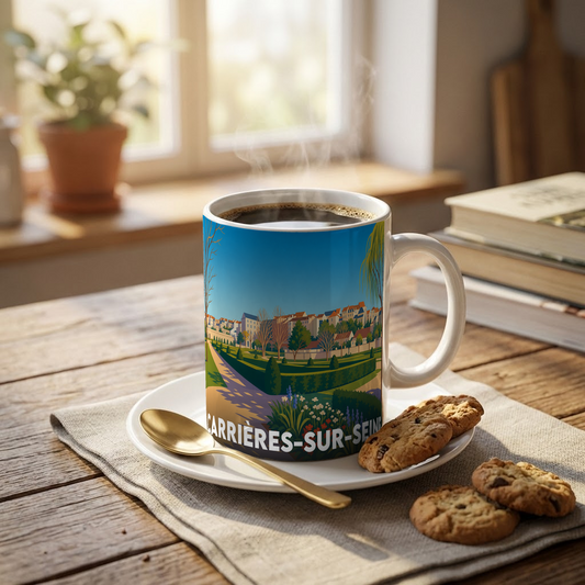 Mug souvenir de la ville de Carrières-sur-Seine avec une illustration stylisée.