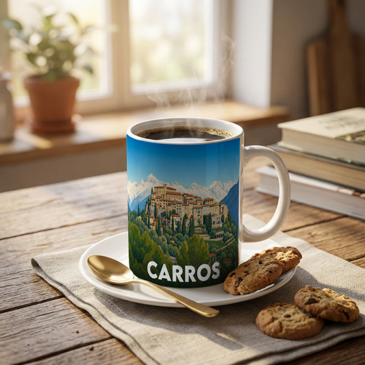 Mug souvenir de la ville de Carros avec une illustration stylisée du village et des montagnes.