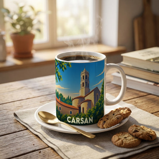 Mug souvenir de la ville de Carsan avec une illustration stylisée d'un clocher provençal.