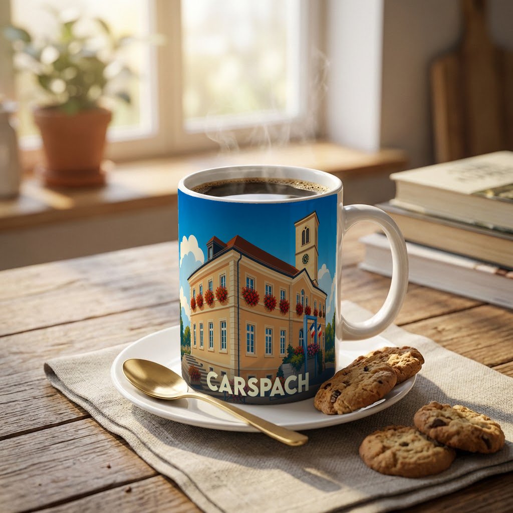 Mug souvenir de la ville de Carspach orné d'une illustration stylisée de son hôtel de ville.