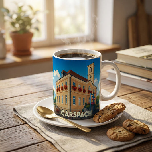 Mug souvenir de la ville de Carspach orné d'une illustration stylisée de son hôtel de ville.