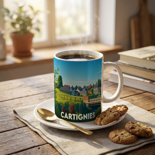 Mug souvenir de la ville de Cartignies avec une illustration stylisée d'un paysage rural.