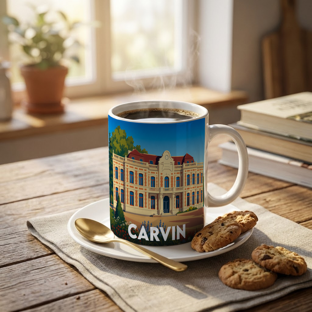 Mug souvenir de la ville de Carvin orné d'une illustration stylisée de son hôtel de ville.