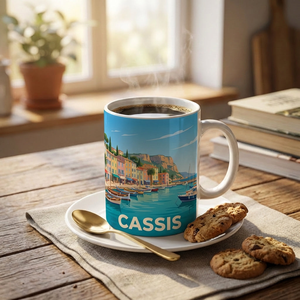 Mug souvenir de la ville de Cassis avec une illustration stylisée de son port.