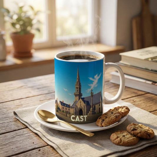Mug souvenir de la ville de Cast orné d'une illustration stylisée de son église et de son calvaire.