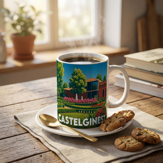 Mug souvenir de la ville de Castelginest orné d'une illustration stylisée de ses jardins et de son architecture.