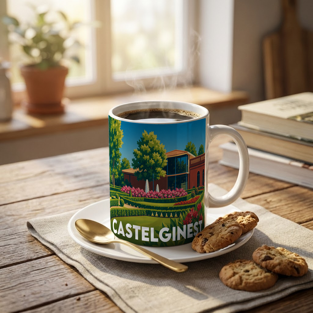 Mug souvenir de la ville de Castelginest orné d'une illustration stylisée de ses jardins et de son architecture.