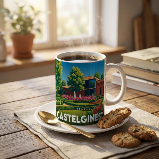 Mug souvenir de la ville de Castelginest orné d'une illustration stylisée de ses jardins et de son architecture.