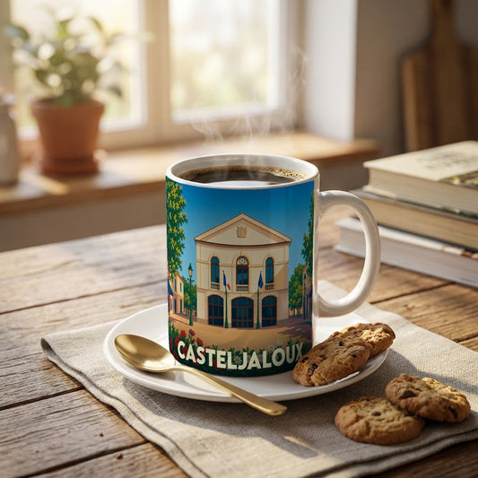 Mug souvenir de la ville de Casteljaloux avec une illustration stylisée de son hôtel de ville.