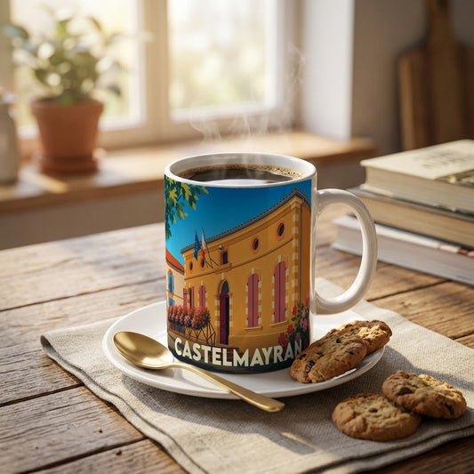 Mug souvenir de la ville de Castelmayran avec une illustration stylisée d'un bâtiment emblématique.