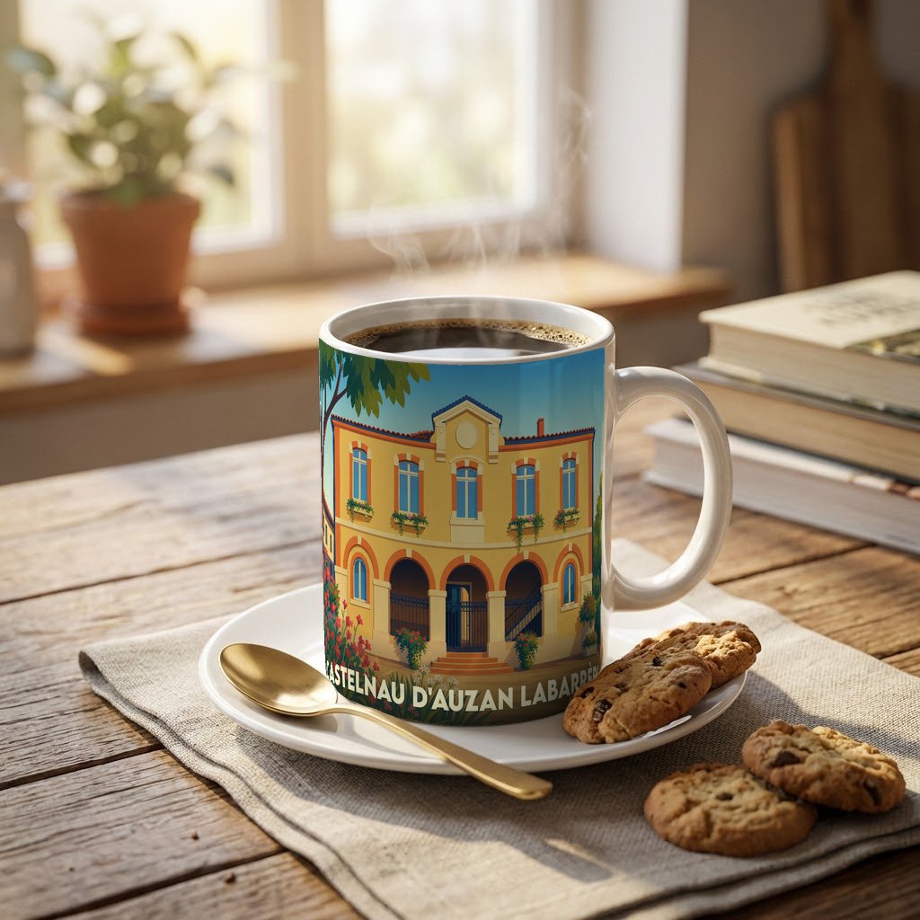 Mug souvenir de la ville de Castelnau d'Auzan Labarrère orné d'une illustration colorée de sa mairie.