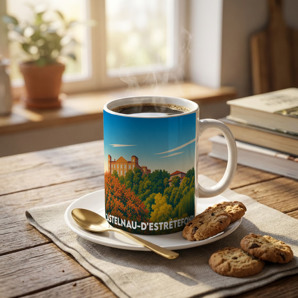Mug souvenir de la ville de Castelnau-d'Estrétefonds avec une illustration stylisée de son paysage urbain et arboré.