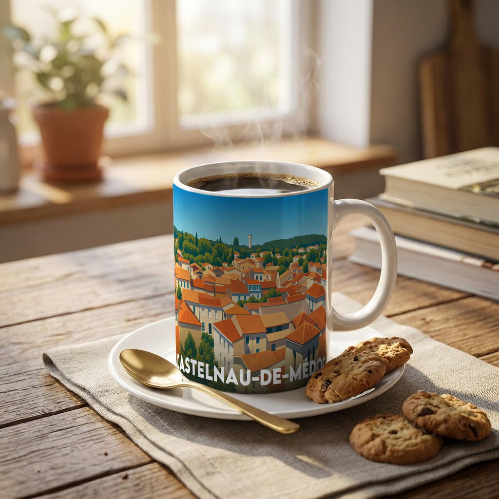 Mug souvenir de la ville de Castelnau-de-Médoc avec une illustration stylisée.