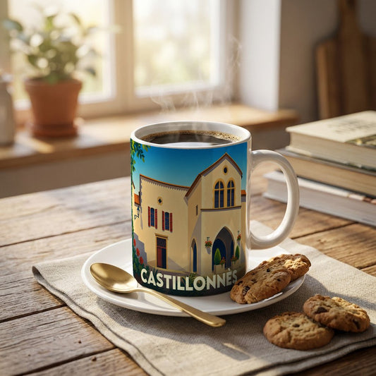 Mug souvenir de la ville de Castillonnès orné d'une illustration stylisée de son architecture locale.