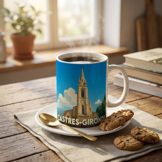 Mug souvenir de la ville de Castres-Gironde orné d'une illustration stylisée de son église.