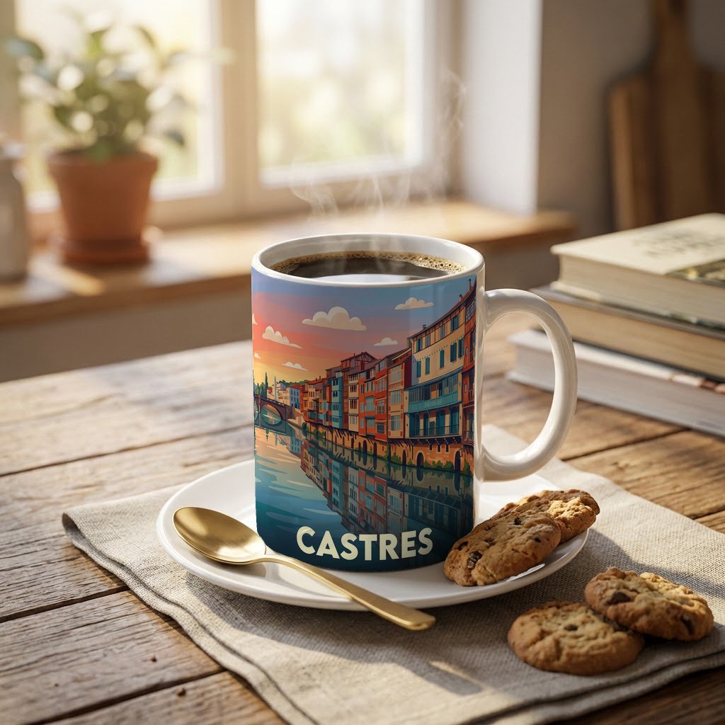 Mug souvenir de la ville de Castres avec une illustration stylisée des maisons colorées au bord de l'eau.