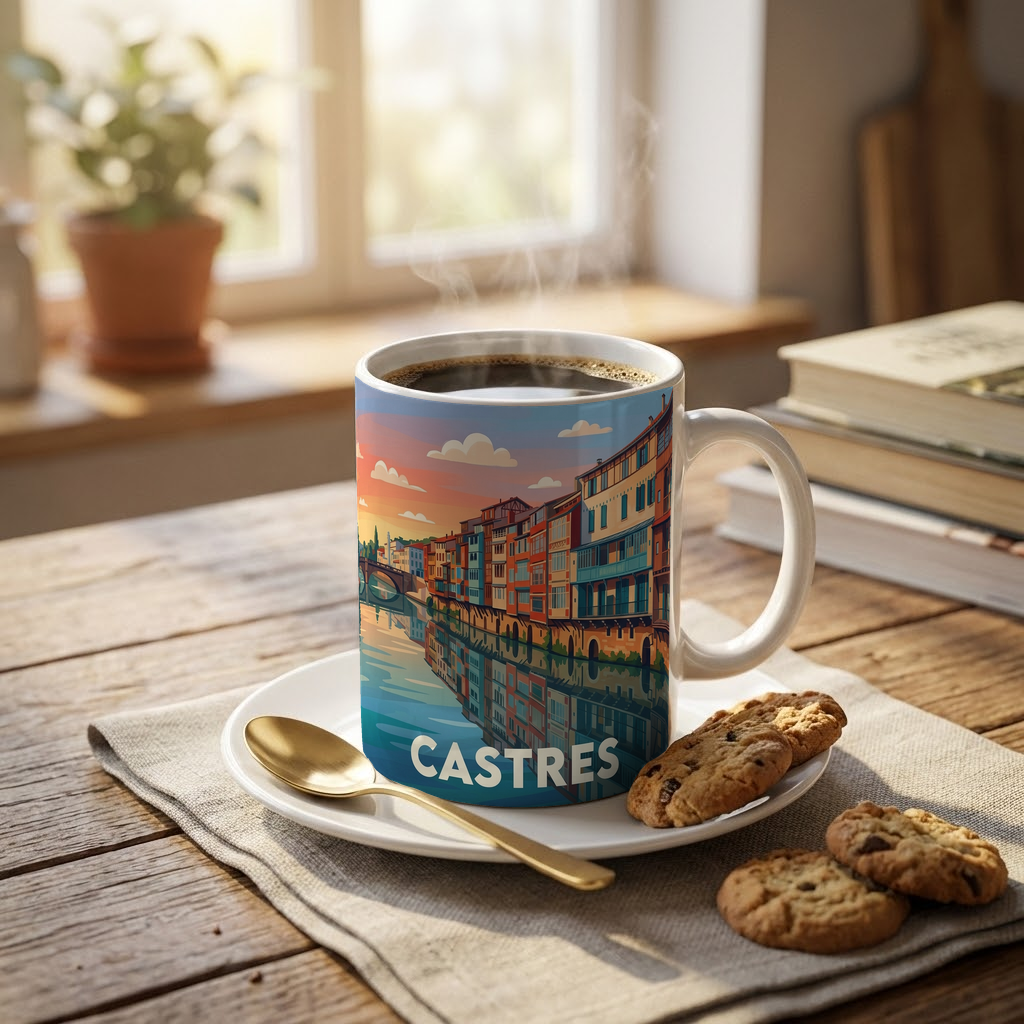 Mug souvenir de la ville de Castres avec une illustration stylisée des maisons colorées au bord de l'eau.