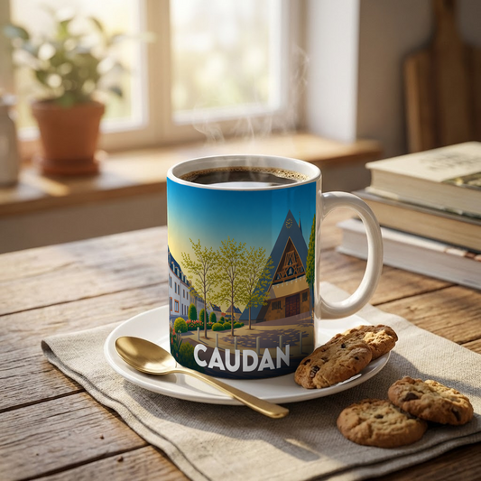 Mug souvenir de la ville de Caudan avec une illustration stylisée et colorée.